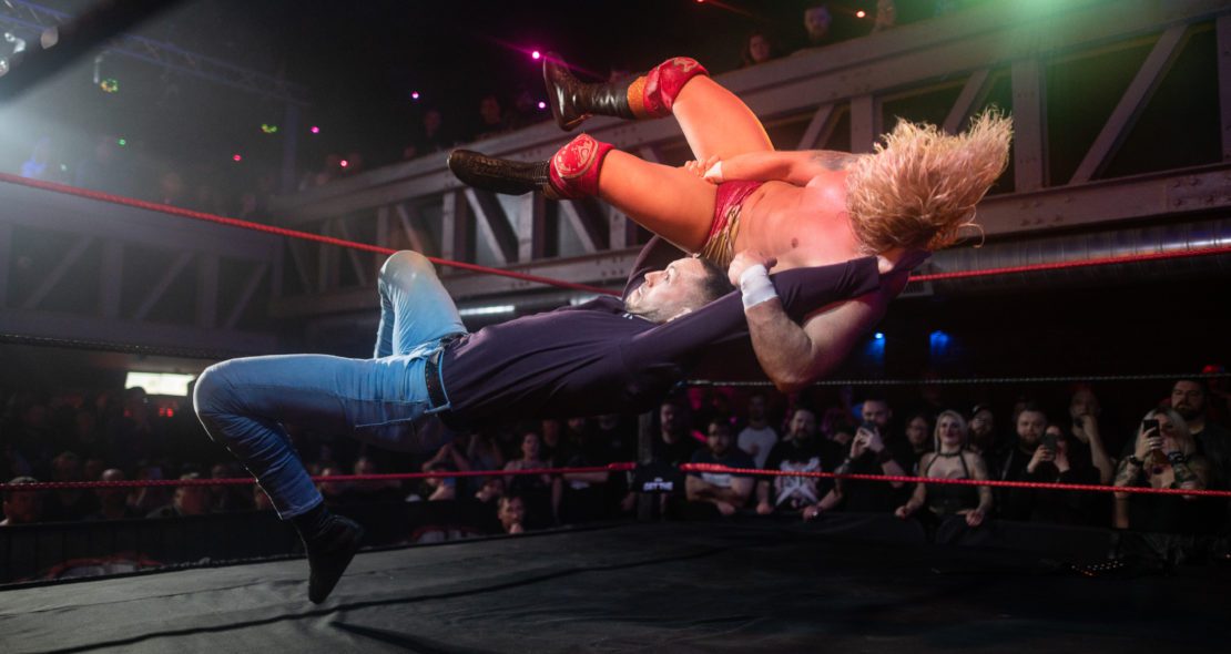 Aaron Echo launches Leyton Buzzard at Scottish wrestling show ICW.